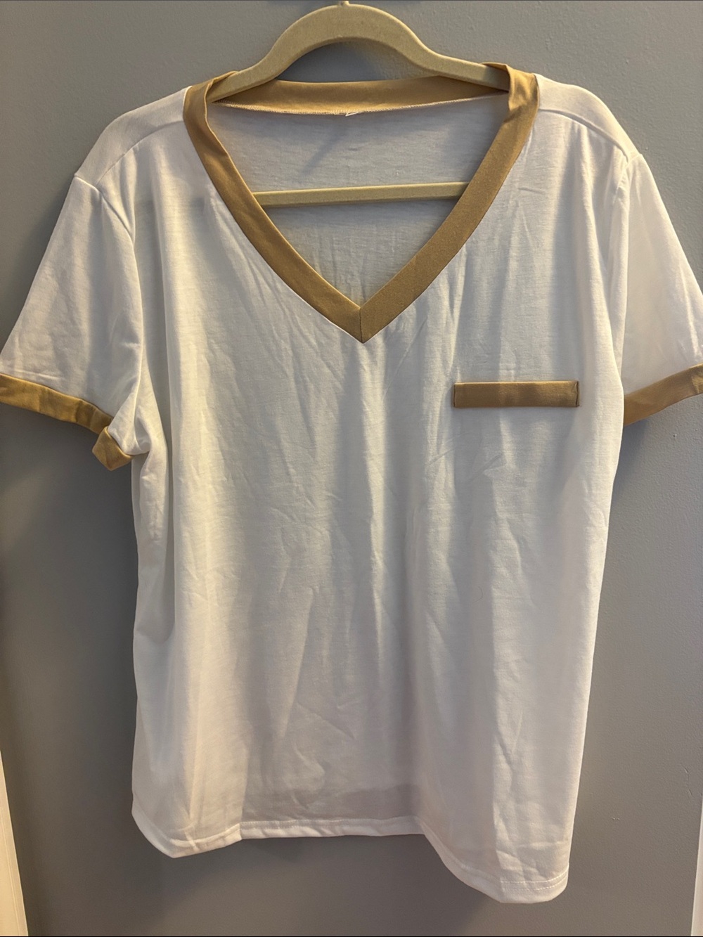 White Short Sleeve V-Neck Tee with Gold Trim